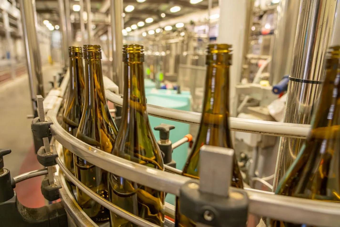 Glass bottles on an automated beverage production line